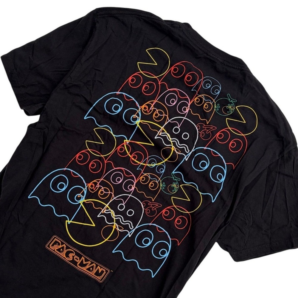 Pac-Man Mens Large Black Graphic T-Shirt Neon‎ Ghost Print C-Life Group Cotton